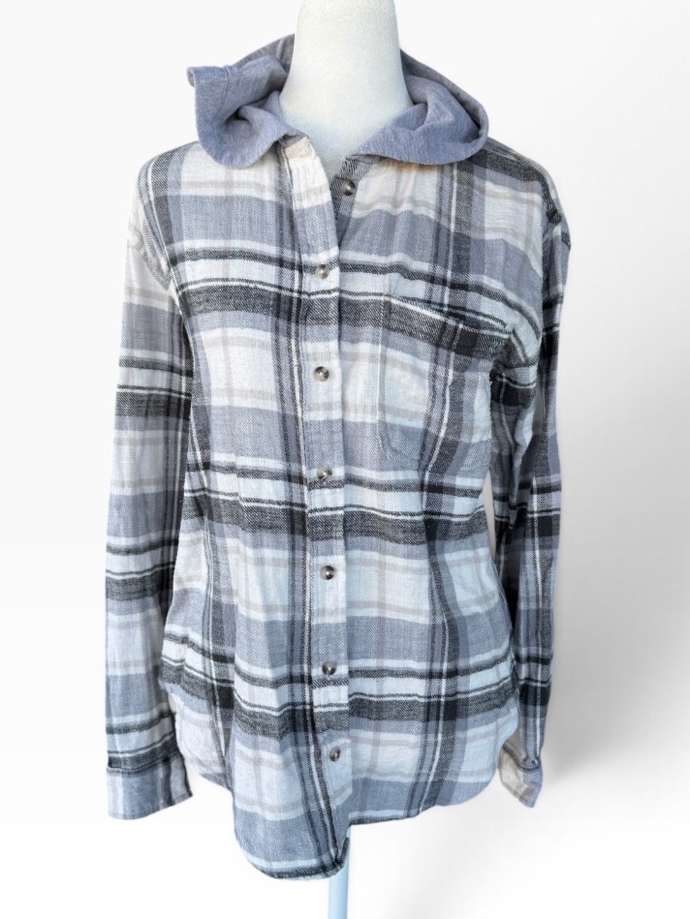 Altar'd State Gray and White Plaid Hooded Button-Down Shirt Sz XS